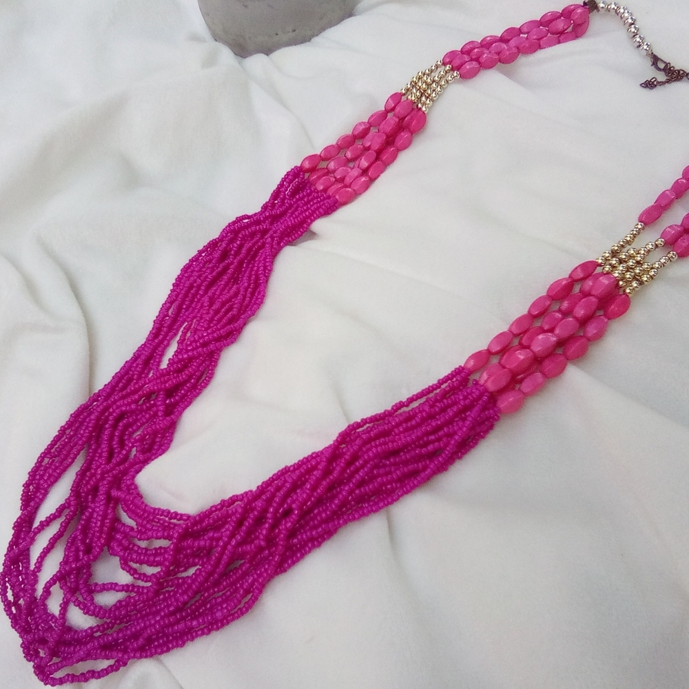 New Pink, Fuchsia and Gold Silver Multi-Strand Beaded Necklace